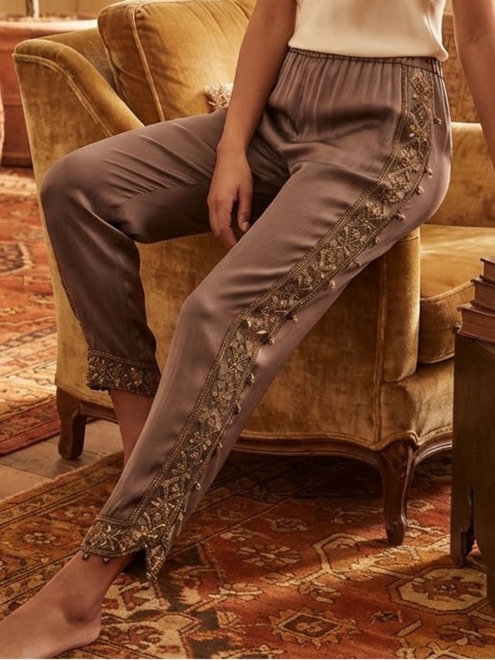 Johnny Was Silk Embroidered Pants size XL